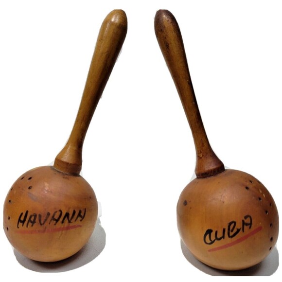 Wooden Salt & Pepper Shakers Maracas Shaped Havana Cuba MCM Vintage Novelty - Picture 1 of 5